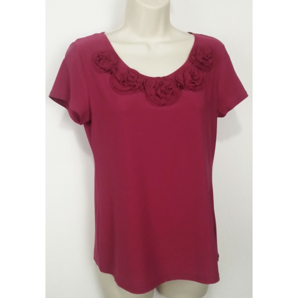 Elementz Womens Shirt Small S Rosette Floral Short Sleeve Dark Pink Stretch Euc